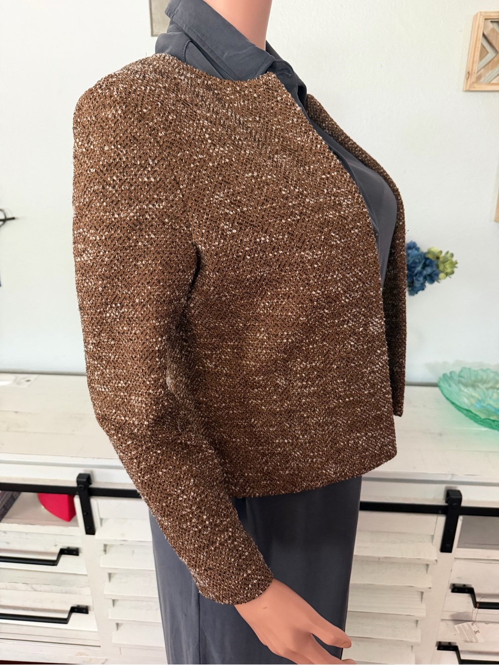 Ann Taylor Factory Brown Textured Open Front Jacket Blazer XS Career Office - Picture 5 of 13